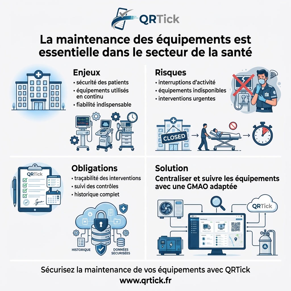 Infographie GMAO santé pour le suivi des équipements biomédicaux