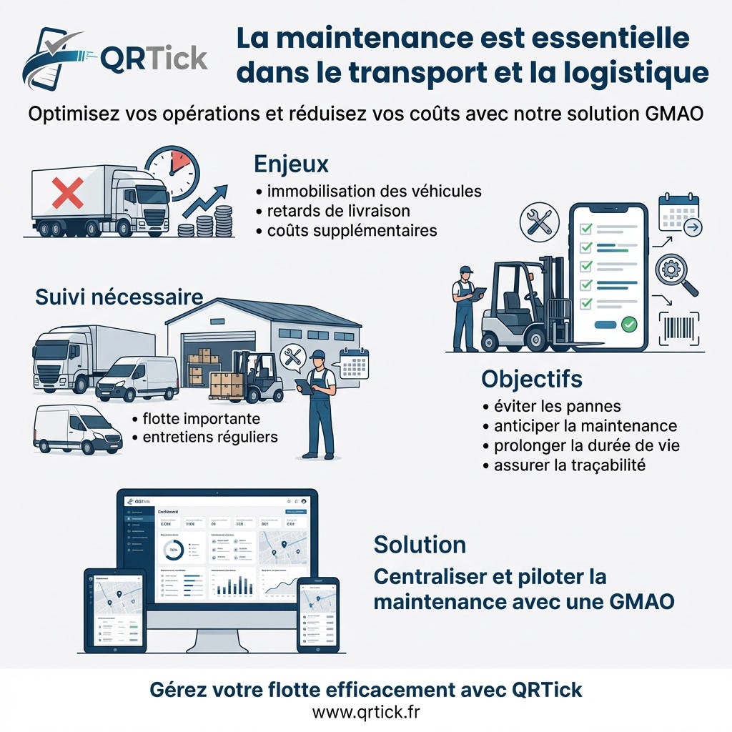Infographie GMAO transport et logistique pour le suivi des véhicules et équipements